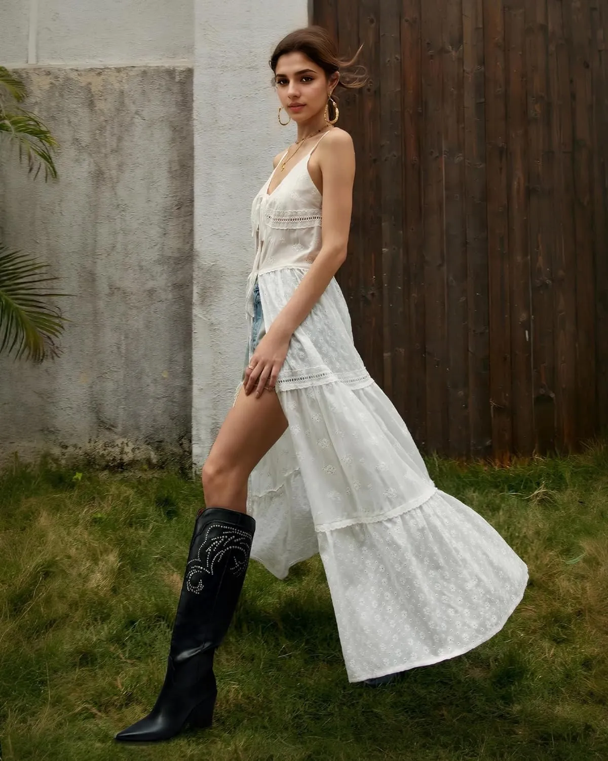 MUCCCUTE Cowgirl Boots Women Cowboy Knee High Boots Pointed Toe Chunky Heel Suede and Faux Leather Botas with Stud Embroidered