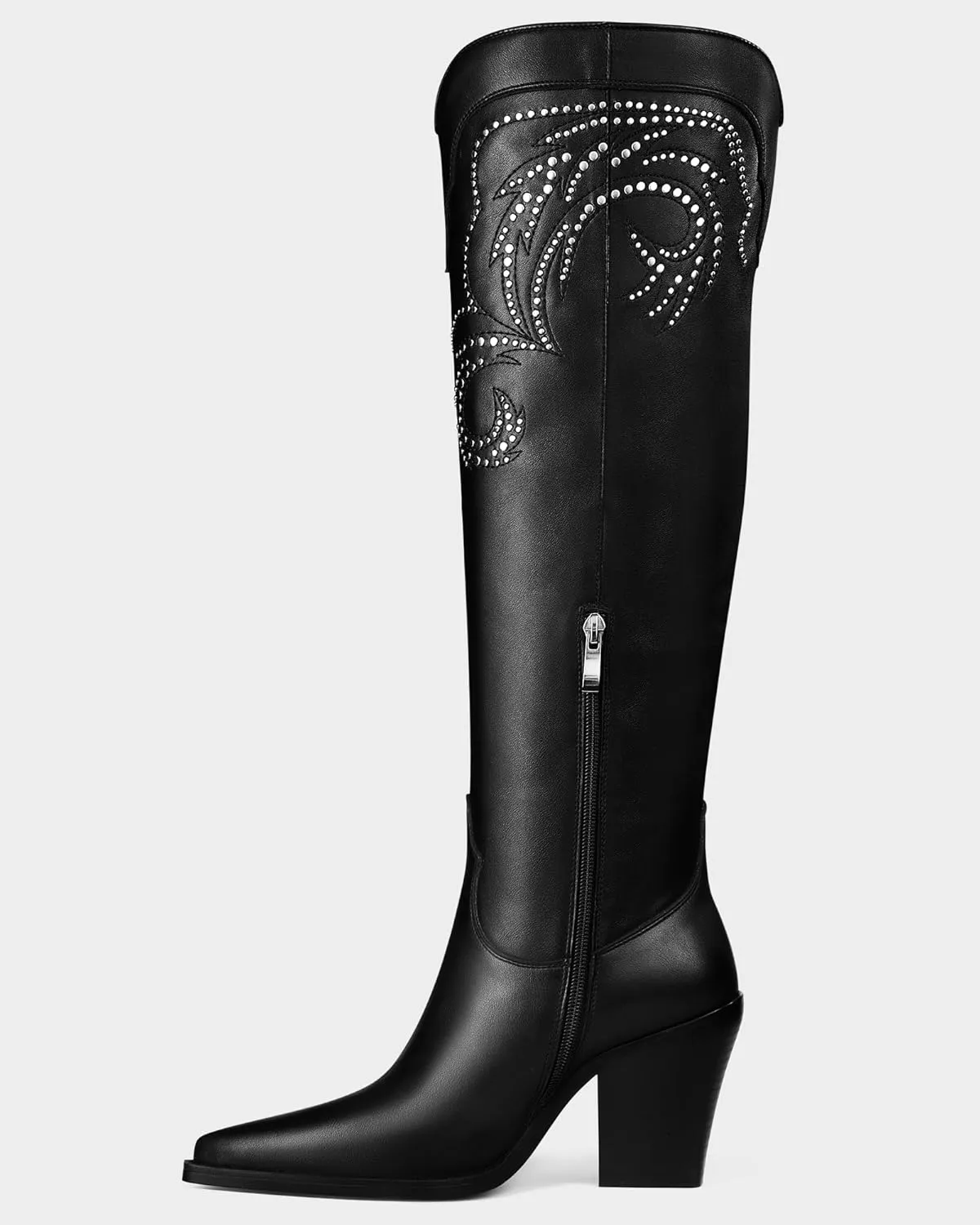 MUCCCUTE Cowgirl Boots Women Cowboy Knee High Boots Pointed Toe Chunky Heel Suede and Faux Leather Botas with Stud Embroidered