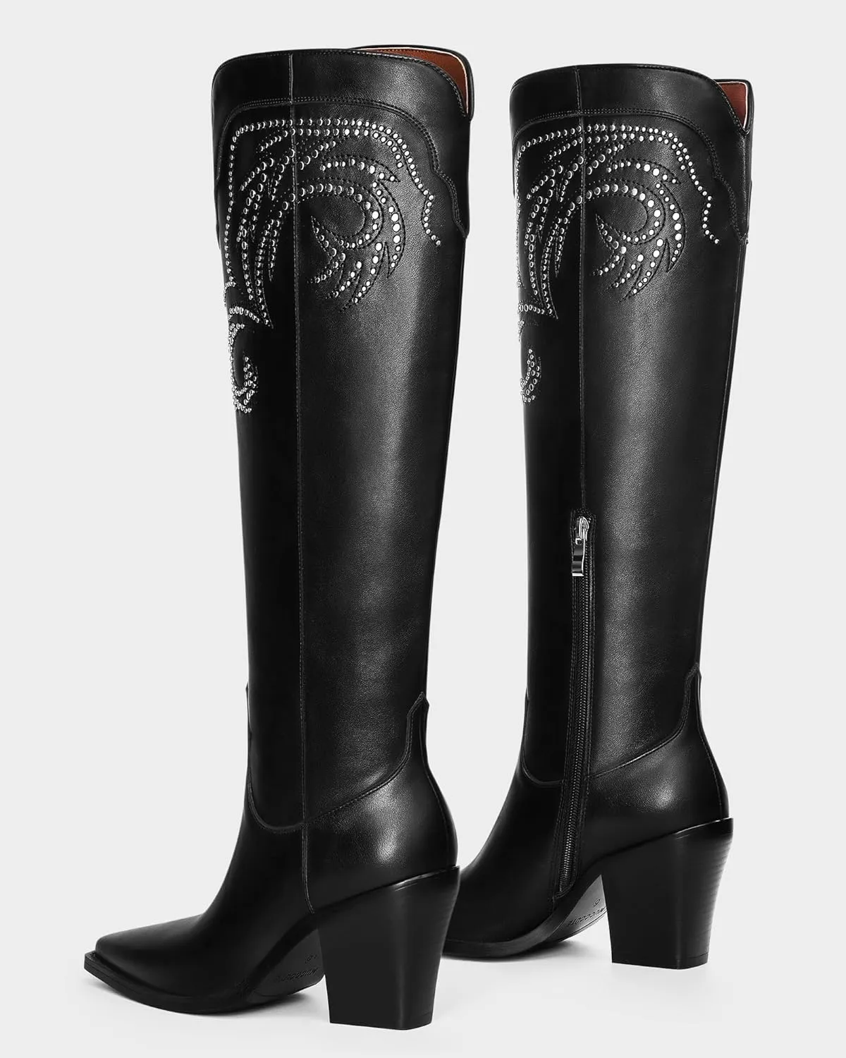 MUCCCUTE Cowgirl Boots Women Cowboy Knee High Boots Pointed Toe Chunky Heel Suede and Faux Leather Botas with Stud Embroidered