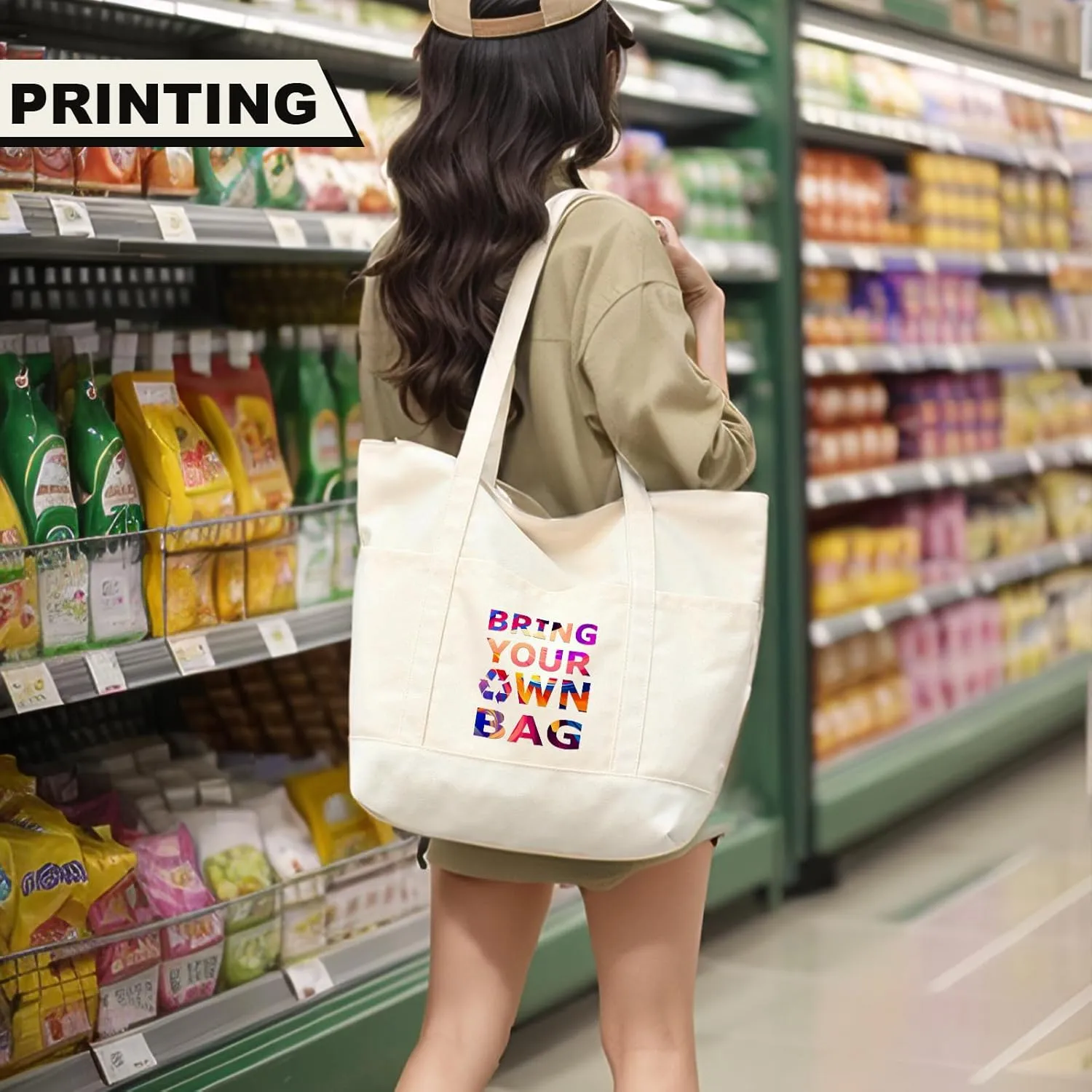Muka Customized Canvas Heavyweight Pocket Tote Bag, Personalized Logo Shoulder Bag