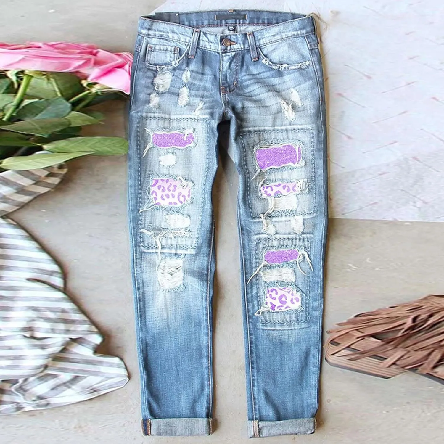 Muyise Womens Patchwork Stretch Boyfriend Distressed Ripped Jeans Sunflower Print Ripped Destroyed Denim Pants with Pockets