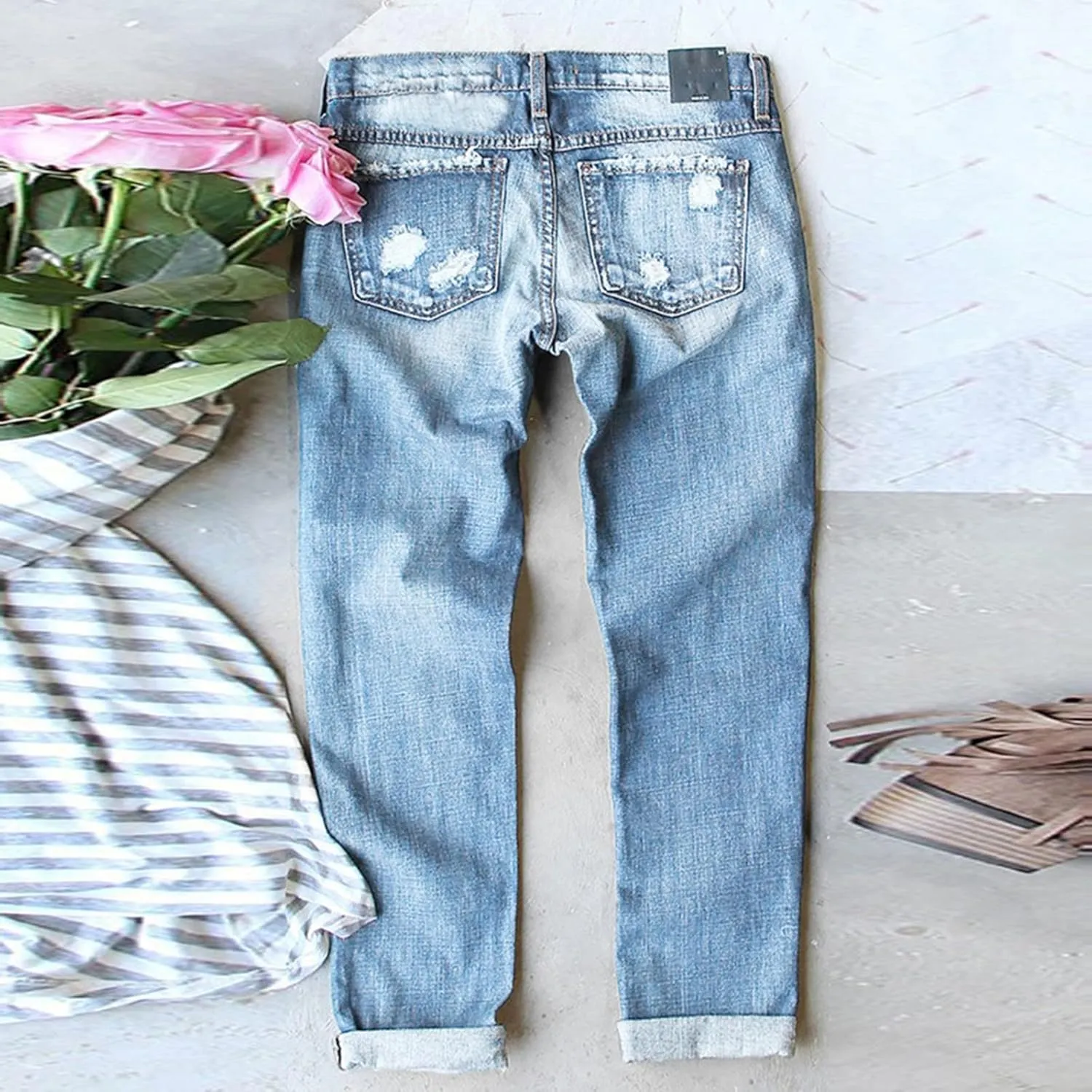 Muyise Womens Patchwork Stretch Boyfriend Distressed Ripped Jeans Sunflower Print Ripped Destroyed Denim Pants with Pockets