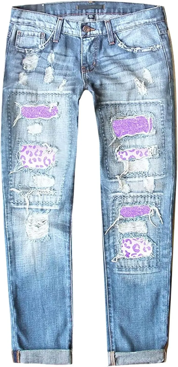 Muyise Womens Patchwork Stretch Boyfriend Distressed Ripped Jeans Sunflower Print Ripped Destroyed Denim Pants with Pockets