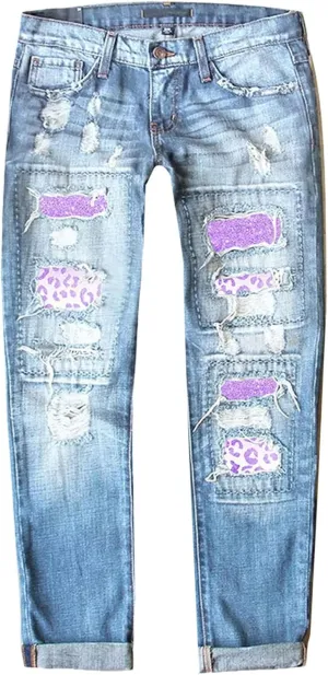 Muyise Womens Patchwork Stretch Boyfriend Distressed Ripped Jeans Sunflower Print Ripped Destroyed Denim Pants with Pockets