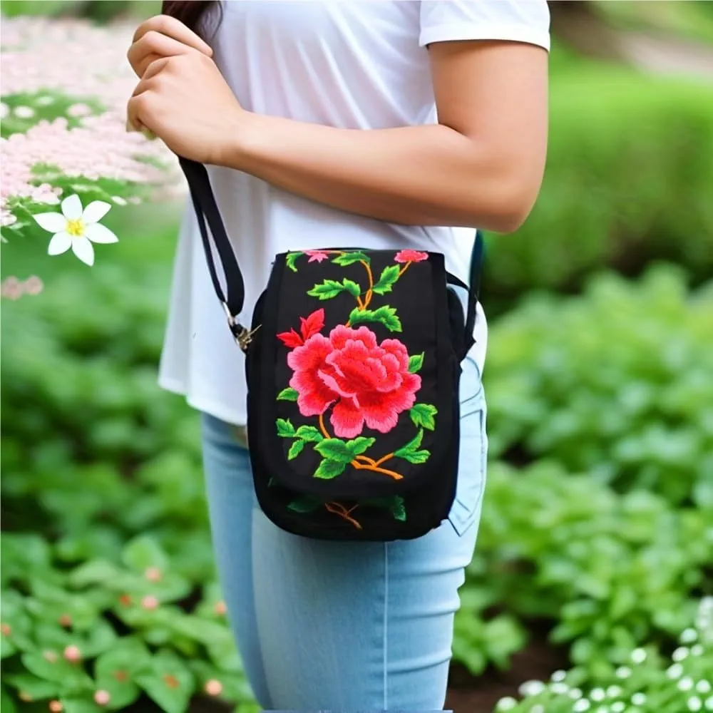 National Style Embroidery Crossbody Bag Square Canvas Bag With Double-sided Zipper Design