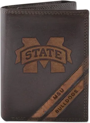 NCAA Mississippi State Bulldogs Zep-Pro Pull-Up Leather Trifold Embossed Wallet, Brown