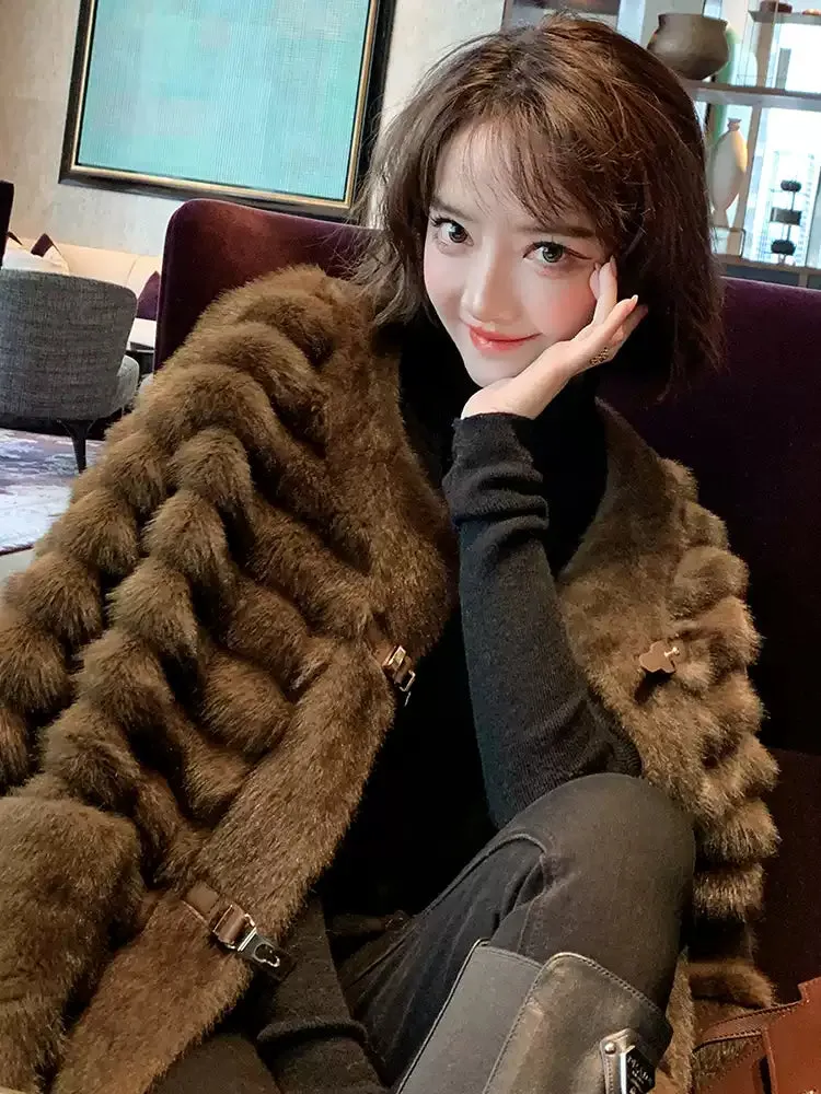 New Coffee Patchwork Leather And Fur Coats Winter