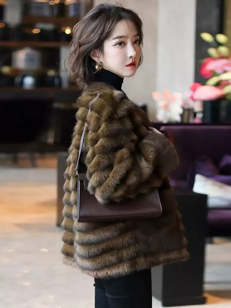 New Coffee Patchwork Leather And Fur Coats Winter