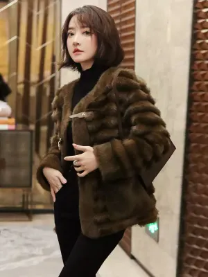 New Coffee Patchwork Leather And Fur Coats Winter