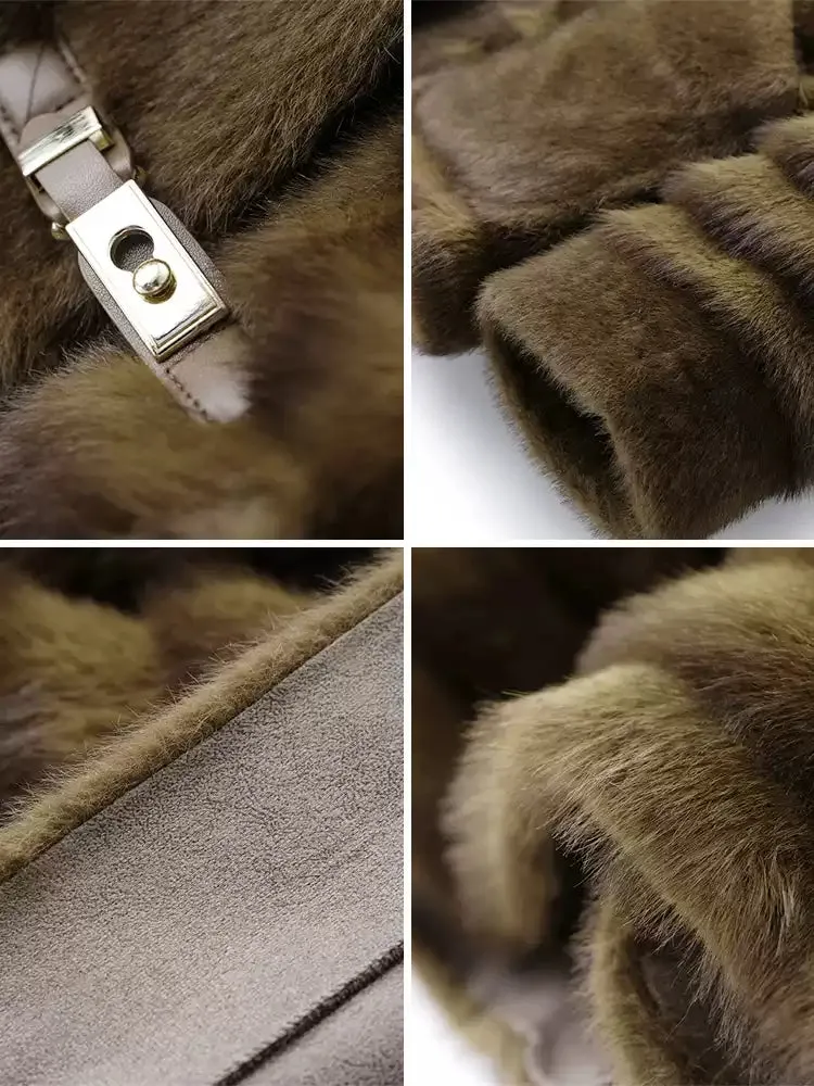 New Coffee Patchwork Leather And Fur Coats Winter