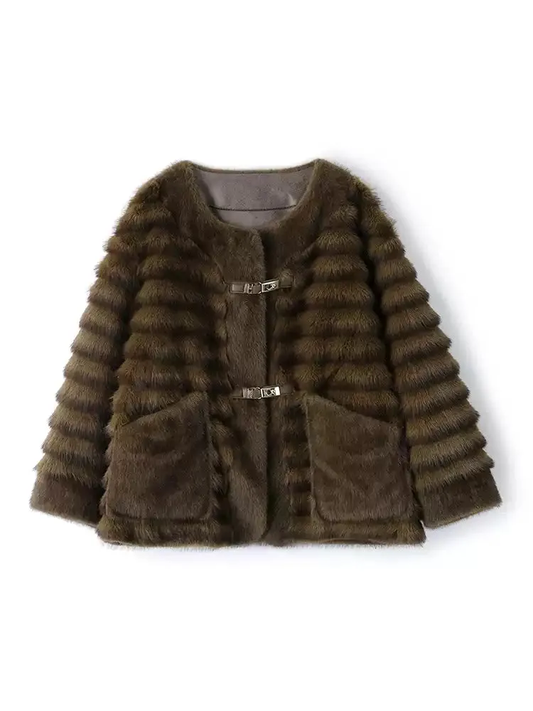 New Coffee Patchwork Leather And Fur Coats Winter