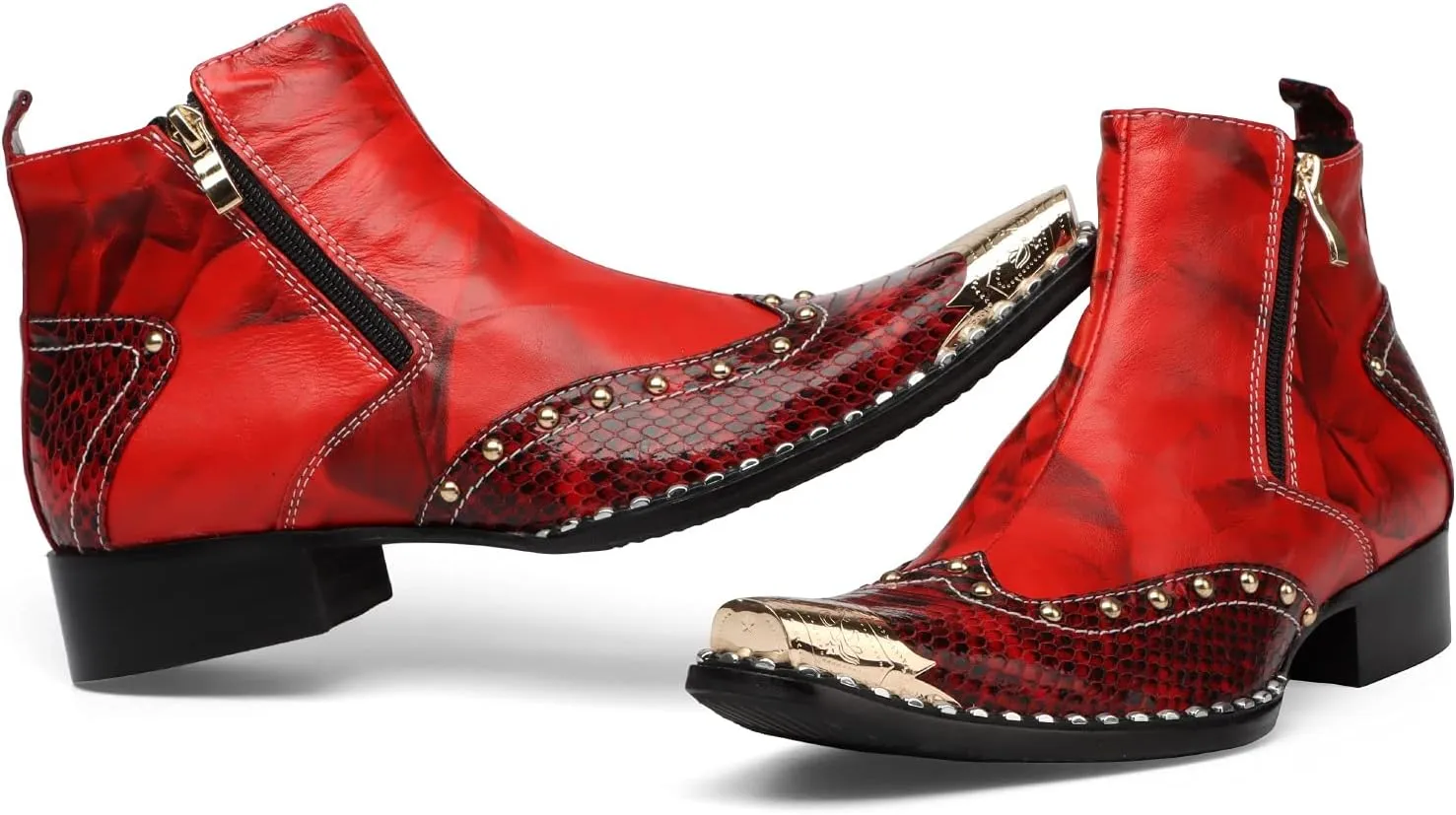 New Men Ankle Boots Patchwork Boots Two Tones Dual Zippers Steel Toe Office Party Show Business Club For Holiday The First Layer Of Cowhide