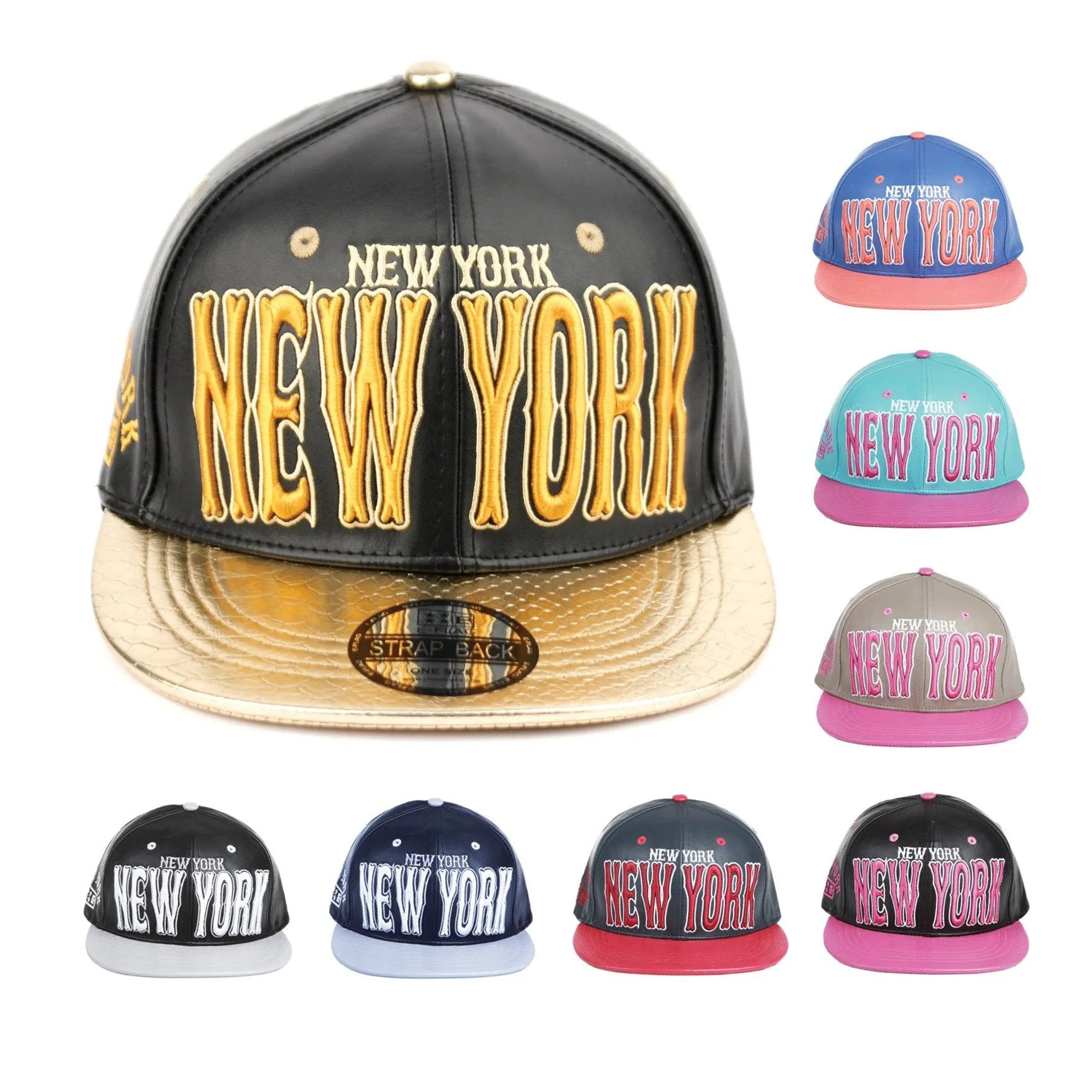 New York Faux Leather Baseball City Cap with Snake Faux Leather Flat Brim