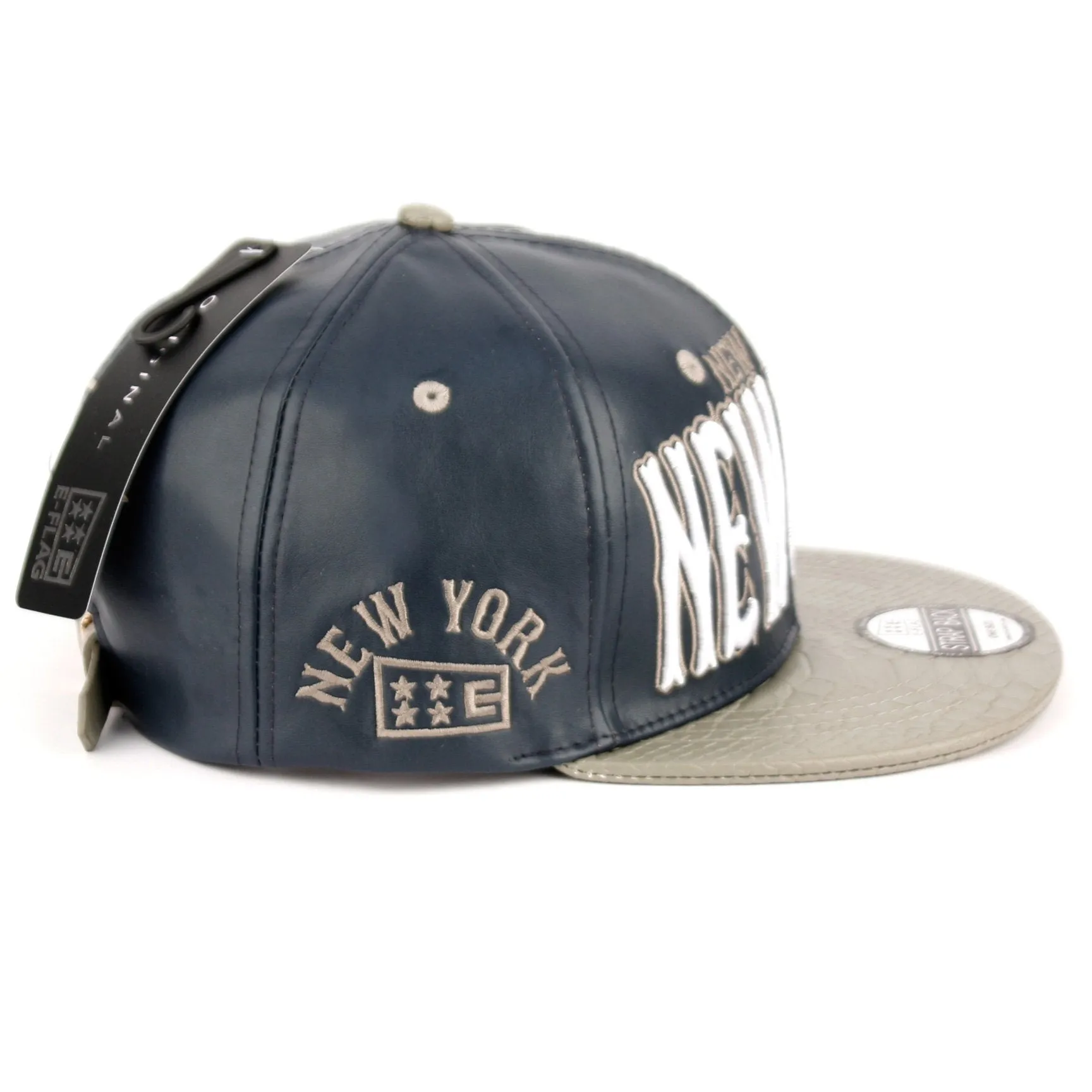 New York Faux Leather Baseball City Cap with Snake Faux Leather Flat Brim