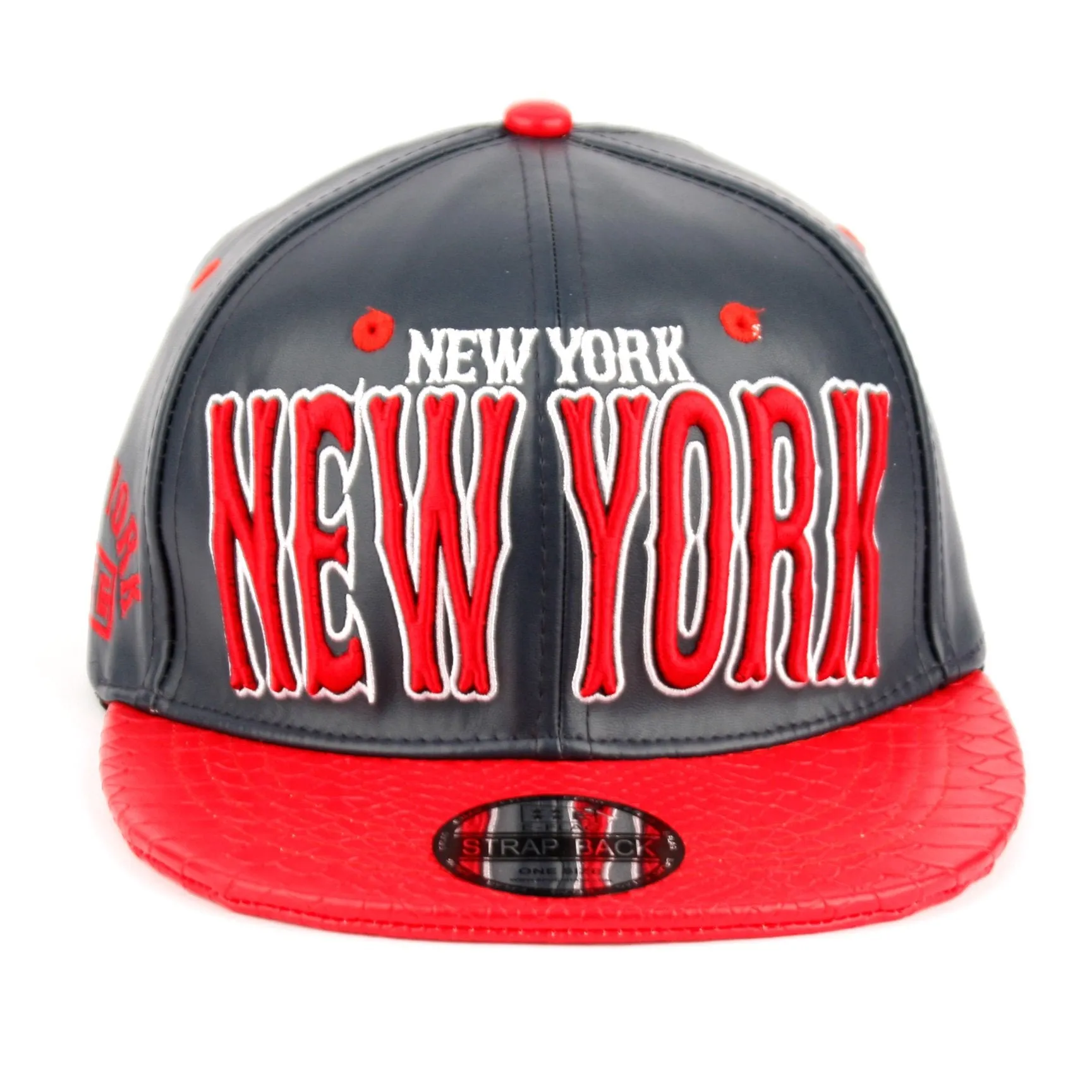 New York Faux Leather Baseball City Cap with Snake Faux Leather Flat Brim