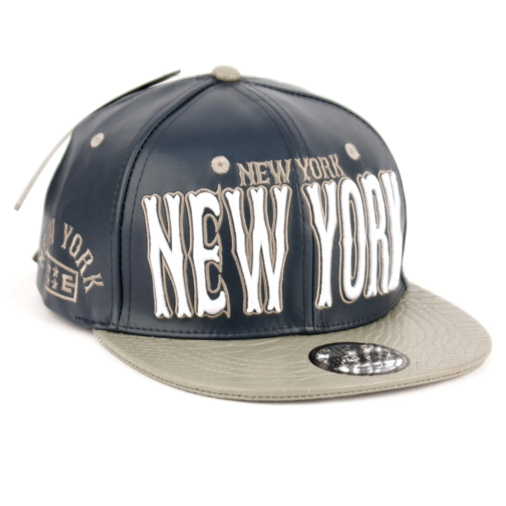 New York Faux Leather Baseball City Cap with Snake Faux Leather Flat Brim