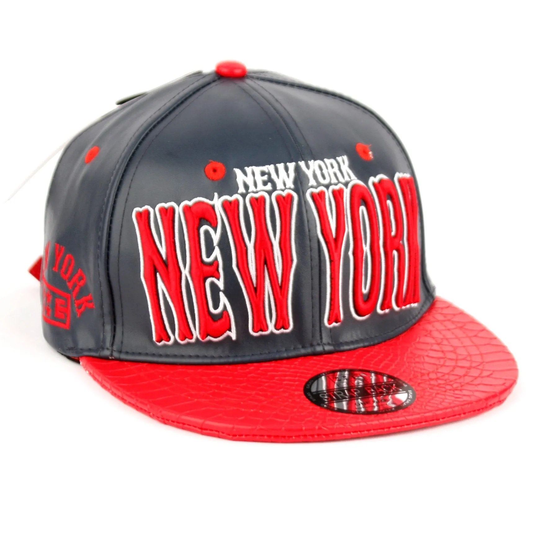 New York Faux Leather Baseball City Cap with Snake Faux Leather Flat Brim