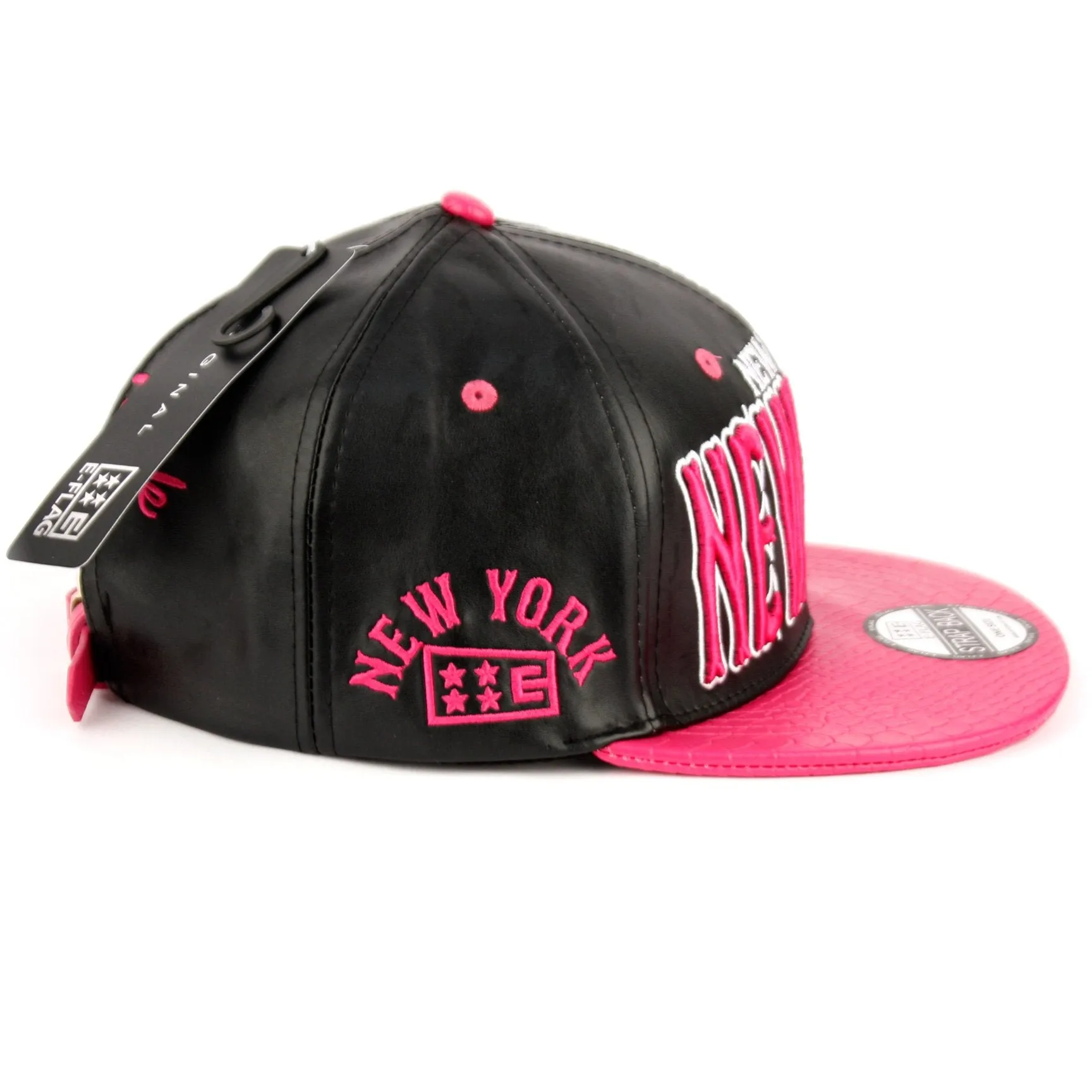 New York Faux Leather Baseball City Cap with Snake Faux Leather Flat Brim