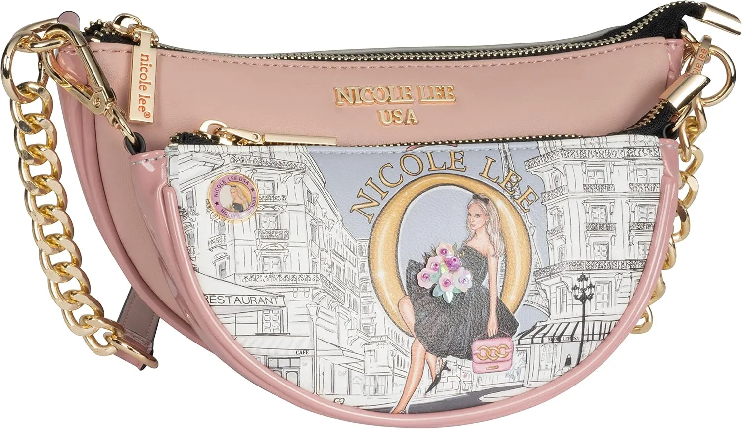 Nicole Lee Crossbody Women's Bag - Fashion Print Faux Leather 2 Piece Bag Shoulder Chain Strap Small Purse Set