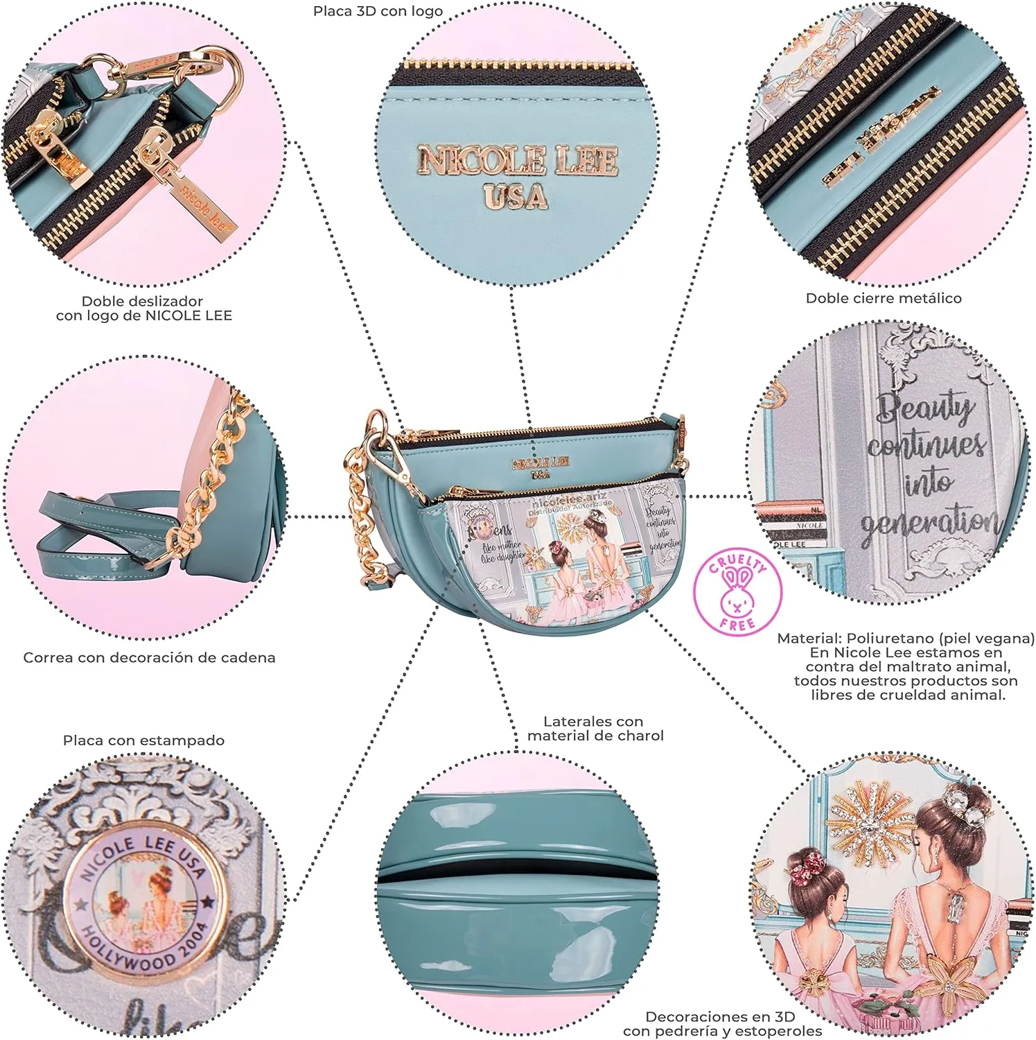 Nicole Lee Crossbody Women's Bag - Fashion Print Faux Leather 2 Piece Bag Shoulder Chain Strap Small Purse Set