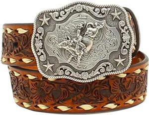 Nocona Boots Boys' 1-1/4" Bull Rider Floral Embossed Leather Western Belt Buckle, Tan, 18