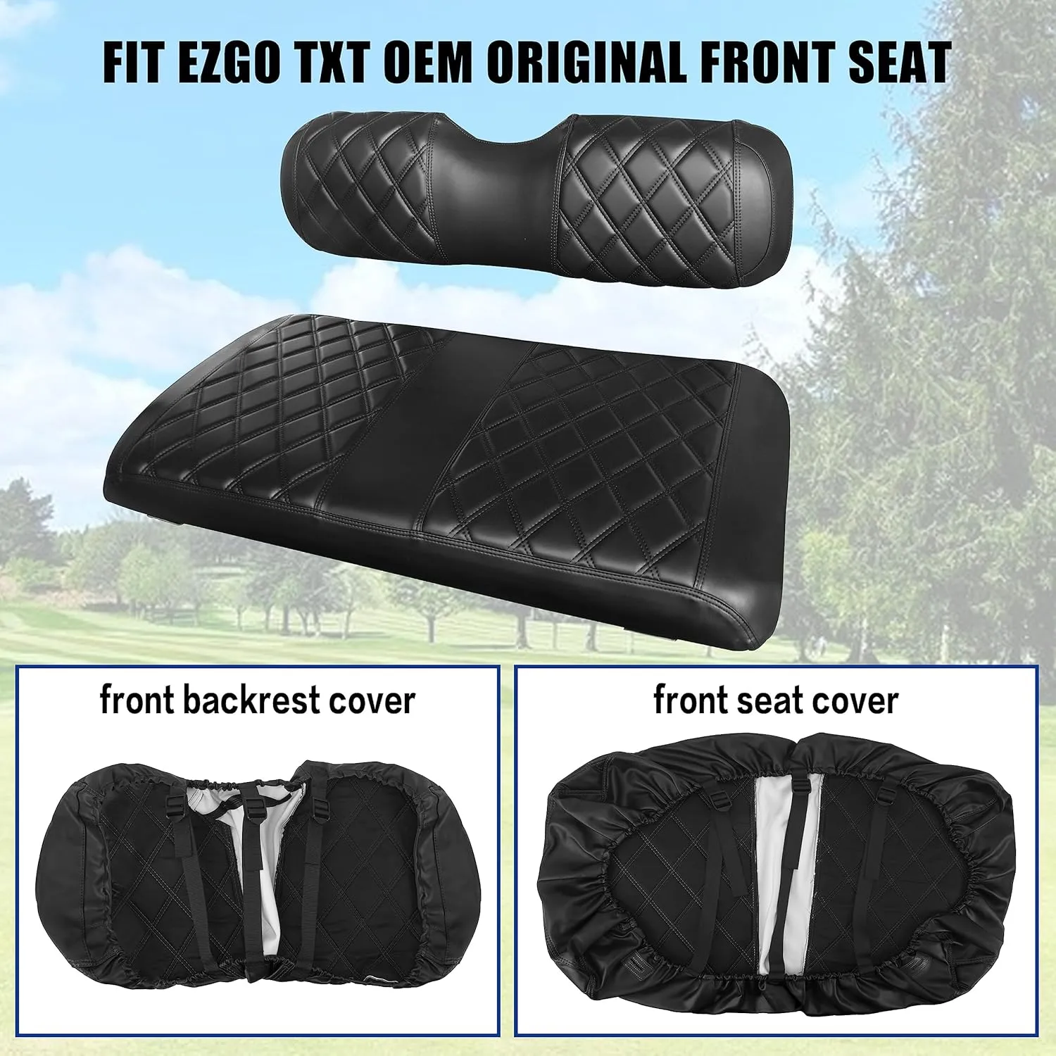 NOKINS Golf Cart ET Diamond Seat Cover for Most EZGO TXT Golf Carts, No Stapler Required, Golf Cart Vinyl Replacement Seat Cover Black Stitching