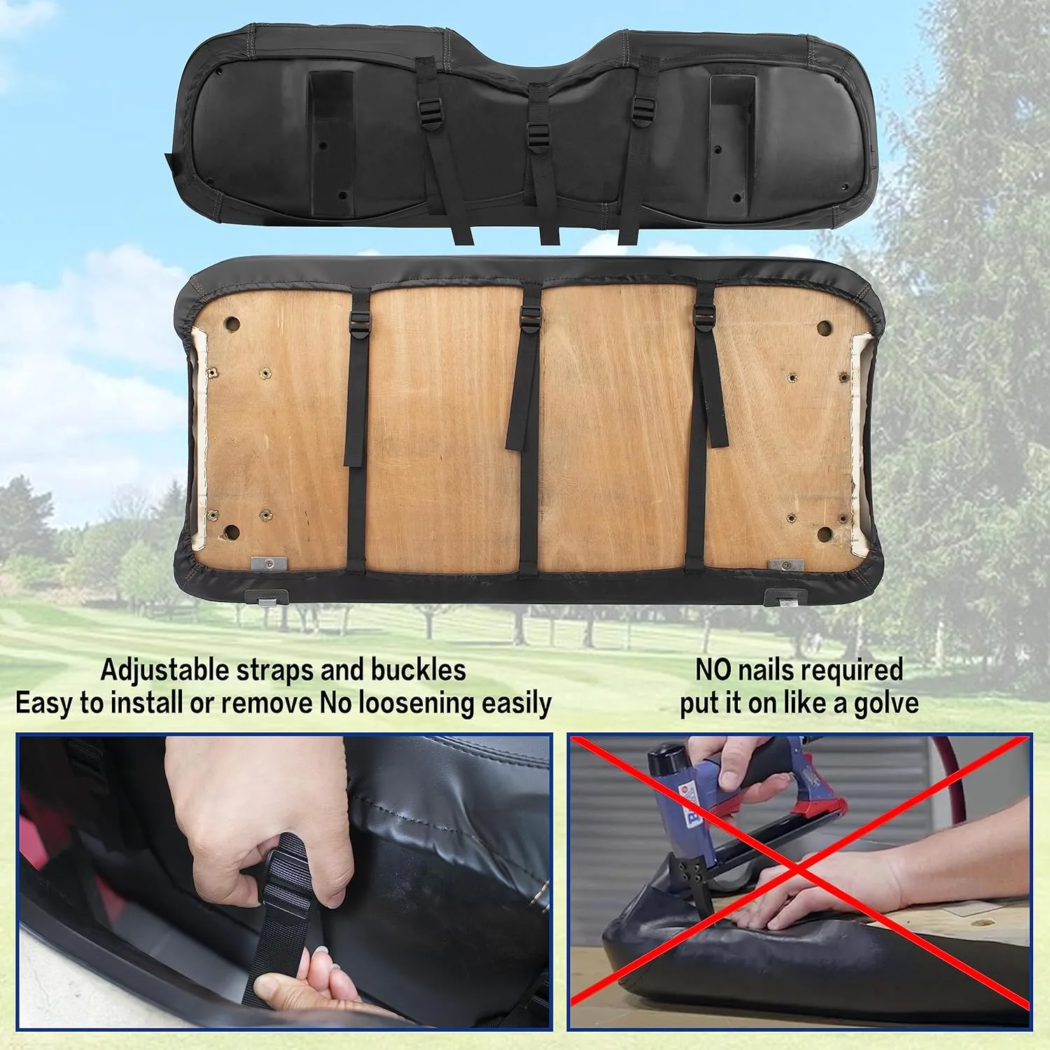 NOKINS Golf Cart ET Diamond Seat Cover for Most EZGO TXT Golf Carts, No Stapler Required, Golf Cart Vinyl Replacement Seat Cover Black Stitching
