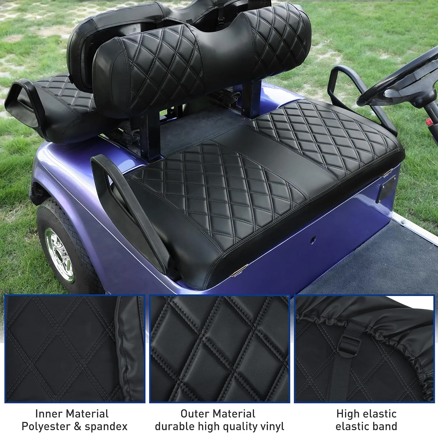 NOKINS Golf Cart ET Diamond Seat Cover for Most EZGO TXT Golf Carts, No Stapler Required, Golf Cart Vinyl Replacement Seat Cover Black Stitching