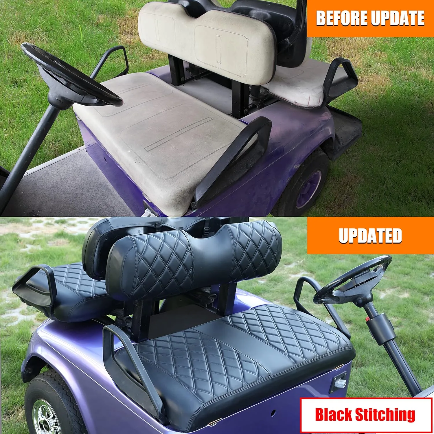 NOKINS Golf Cart ET Diamond Seat Cover for Most EZGO TXT Golf Carts, No Stapler Required, Golf Cart Vinyl Replacement Seat Cover Black Stitching