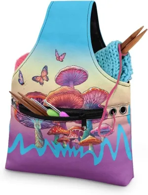 Noprintge Knitting Crochet Bag,Mushroom Butterfly Portable Yarn Storage Bag Organizer for Crocheting Project, Canvas Shopping Handbag with Front Zipper Pocket Embroidery Tote Bag