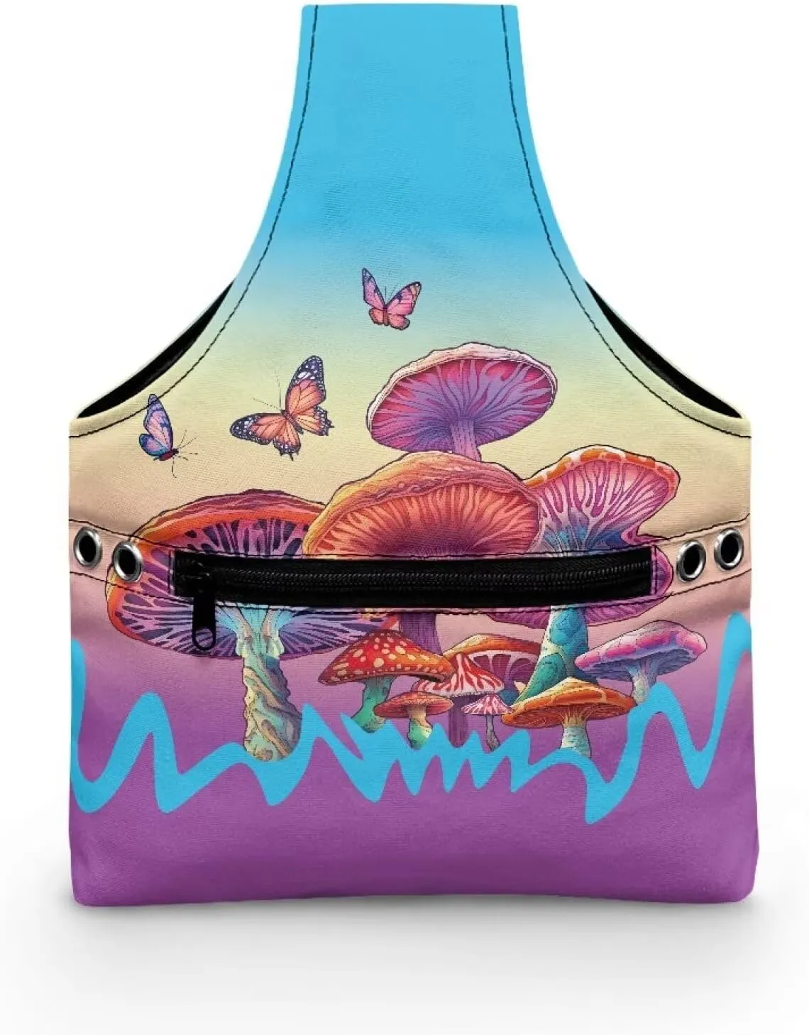 Noprintge Knitting Crochet Bag,Mushroom Butterfly Portable Yarn Storage Bag Organizer for Crocheting Project, Canvas Shopping Handbag with Front Zipper Pocket Embroidery Tote Bag