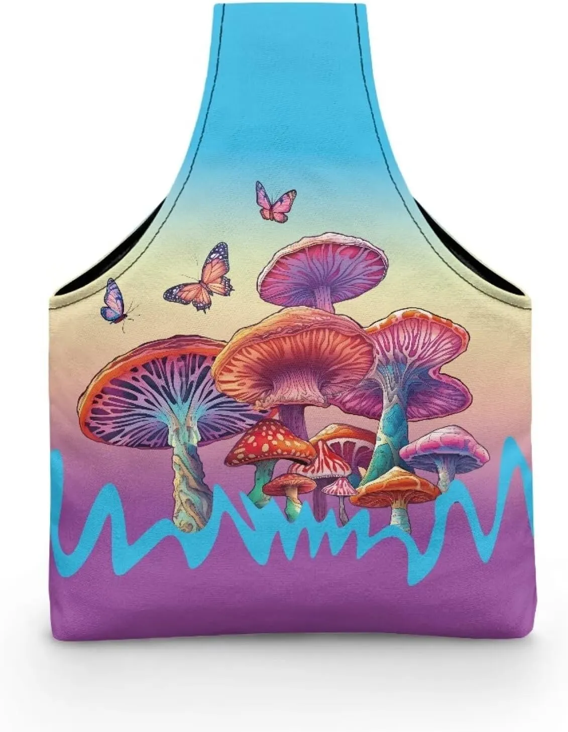 Noprintge Knitting Crochet Bag,Mushroom Butterfly Portable Yarn Storage Bag Organizer for Crocheting Project, Canvas Shopping Handbag with Front Zipper Pocket Embroidery Tote Bag