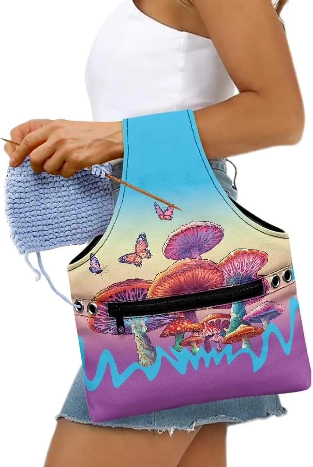 Noprintge Knitting Crochet Bag,Mushroom Butterfly Portable Yarn Storage Bag Organizer for Crocheting Project, Canvas Shopping Handbag with Front Zipper Pocket Embroidery Tote Bag