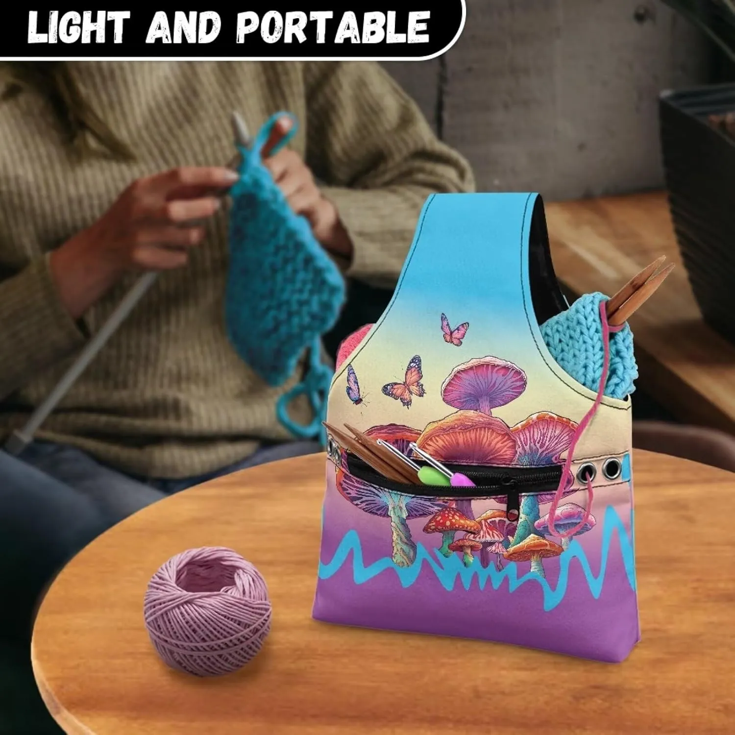 Noprintge Knitting Crochet Bag,Mushroom Butterfly Portable Yarn Storage Bag Organizer for Crocheting Project, Canvas Shopping Handbag with Front Zipper Pocket Embroidery Tote Bag