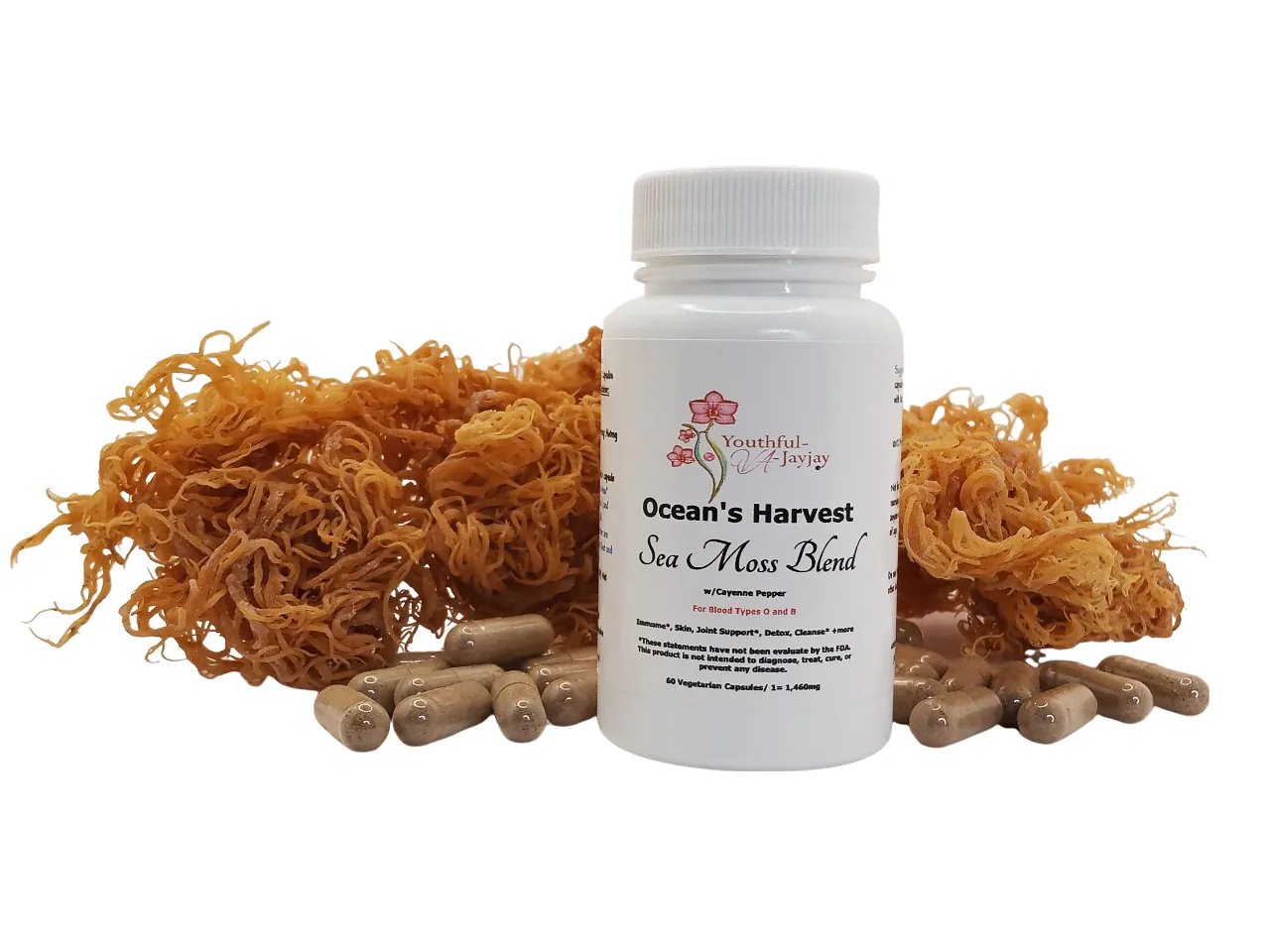 OCEAN'S HARVEST: Wildcrafted and Organic Sea Moss Blend, w/CAYENNE PEPPER, V-Caps-1,460mg