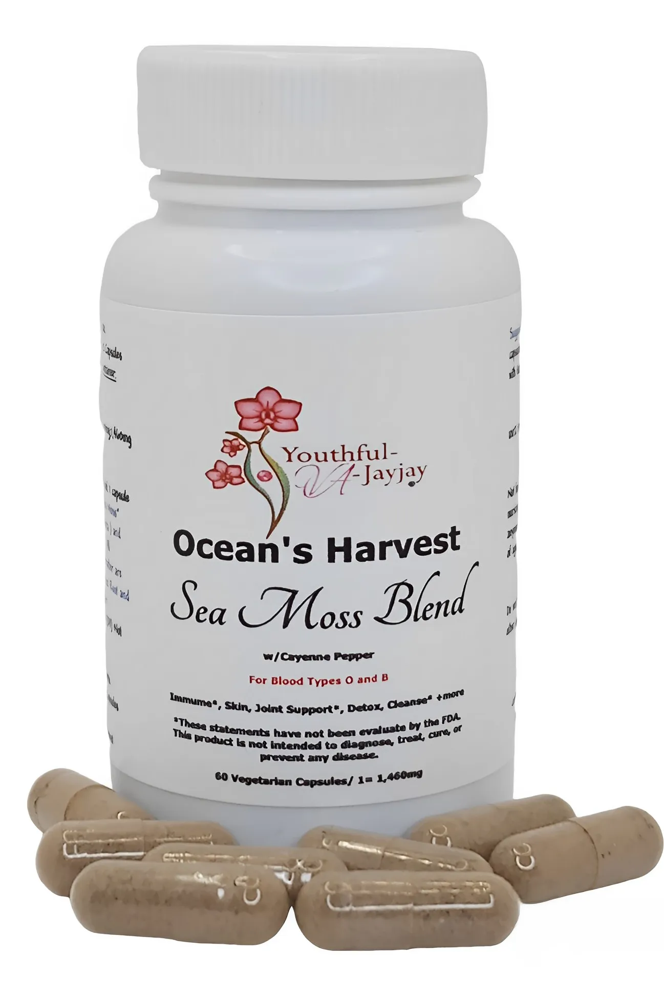 OCEAN'S HARVEST: Wildcrafted and Organic Sea Moss Blend, w/CAYENNE PEPPER, V-Caps-1,460mg