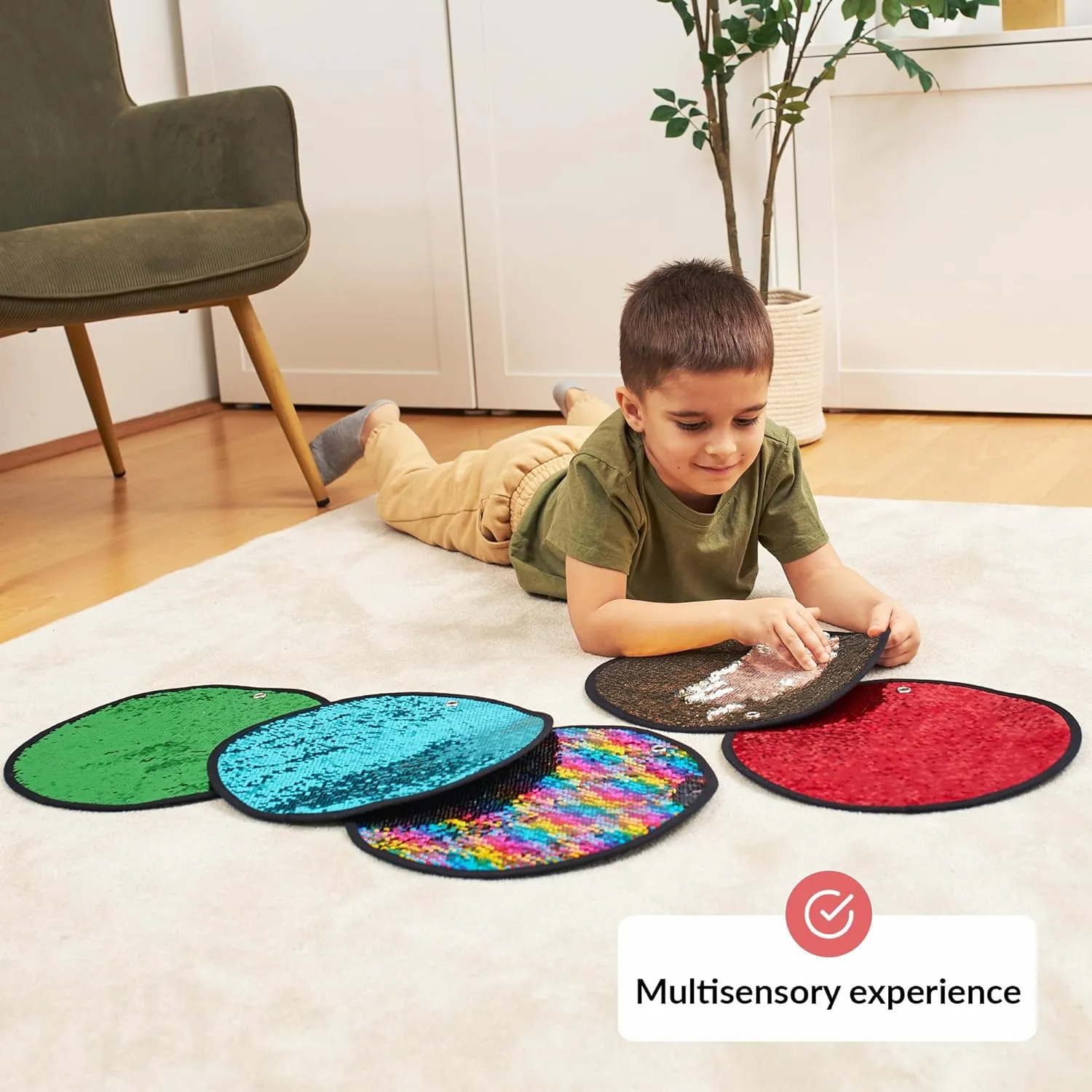 ODOXIA Sequin Fabric Mats | Flip Sequin Fabric Sensory Wall | Sensory Tiles for Kids | Sequin Sensory Mats (Round) | 5-Pack