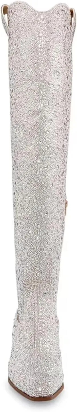 olomisa Rhinestone Boots for Women, Sparkly Boots Over the Knee Cowboy Boots Pointed Toe Pull On Side Zipper Chunky Heel Knee High Cowgirl Boots