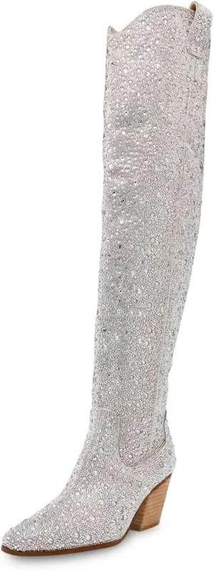 olomisa Rhinestone Boots for Women, Sparkly Boots Over the Knee Cowboy Boots Pointed Toe Pull On Side Zipper Chunky Heel Knee High Cowgirl Boots