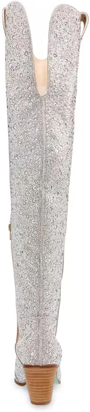 olomisa Rhinestone Boots for Women, Sparkly Boots Over the Knee Cowboy Boots Pointed Toe Pull On Side Zipper Chunky Heel Knee High Cowgirl Boots