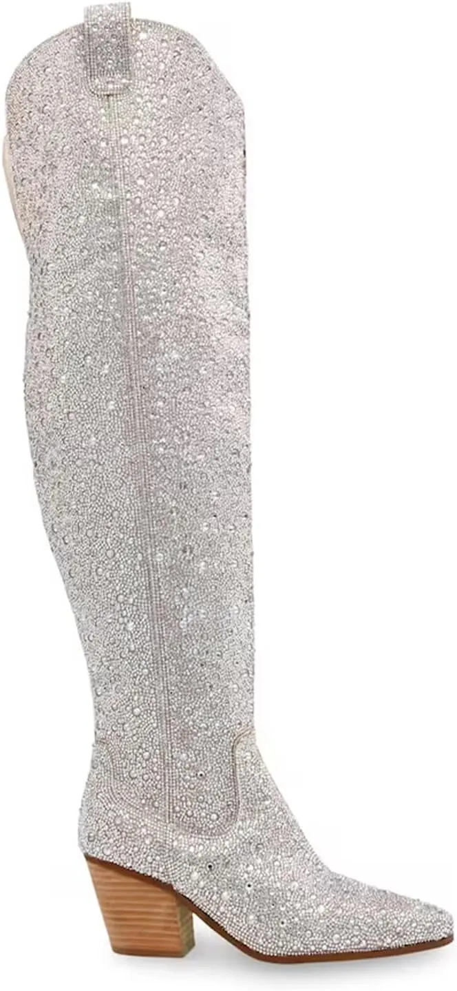 olomisa Rhinestone Boots for Women, Sparkly Boots Over the Knee Cowboy Boots Pointed Toe Pull On Side Zipper Chunky Heel Knee High Cowgirl Boots