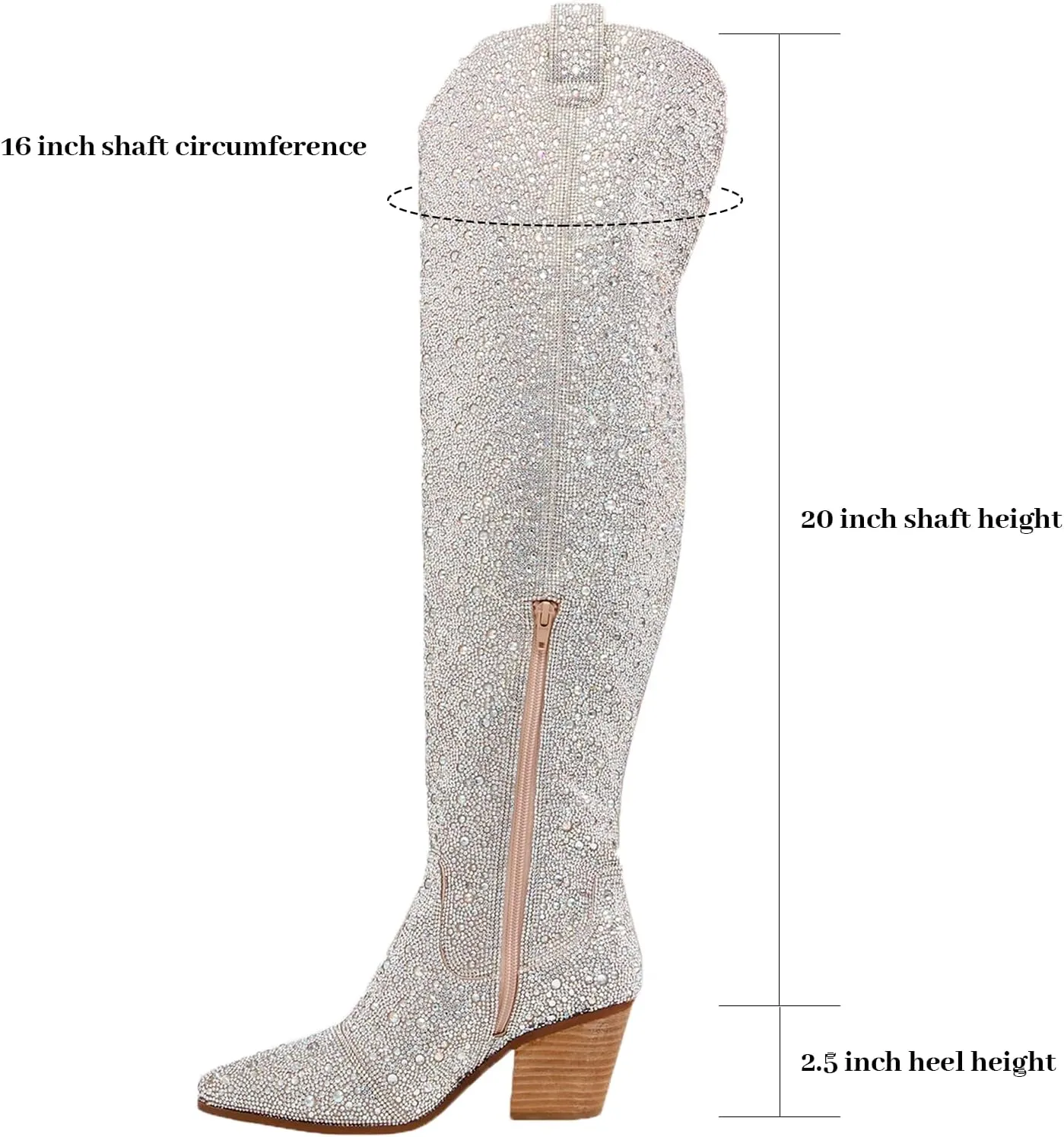 olomisa Rhinestone Boots for Women, Sparkly Boots Over the Knee Cowboy Boots Pointed Toe Pull On Side Zipper Chunky Heel Knee High Cowgirl Boots
