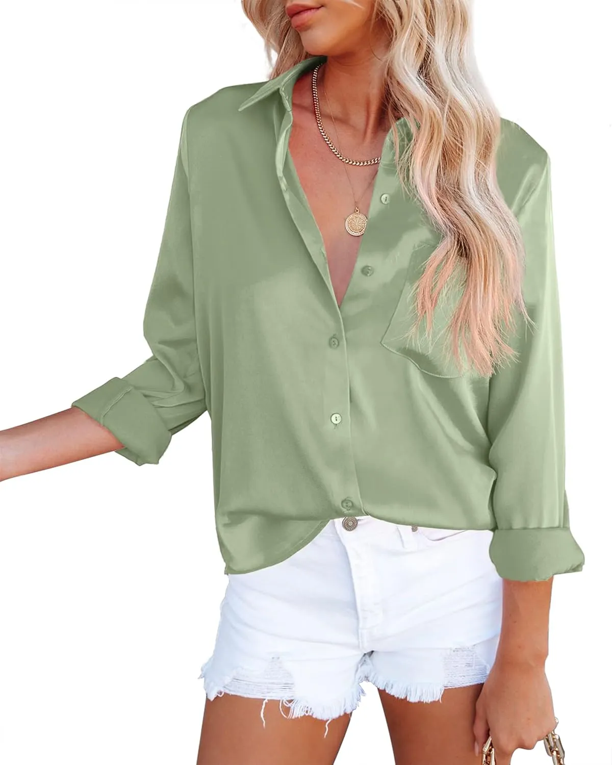 OMSJ Women's Button Down Shirts Satin V Neck Long Sleeve Casual Work Blouse Tops with Pocket
