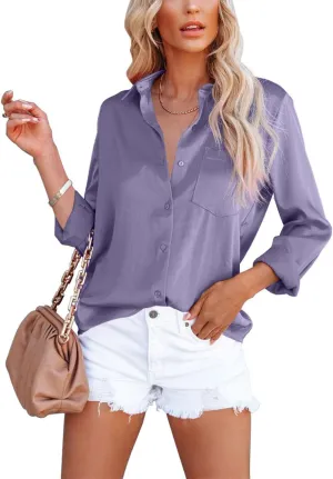 OMSJ Women's Button Down Shirts Satin V Neck Long Sleeve Casual Work Blouse Tops with Pocket