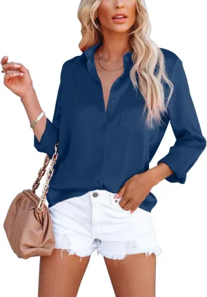 OMSJ Women's Button Down Shirts Satin V Neck Long Sleeve Casual Work Blouse Tops with Pocket