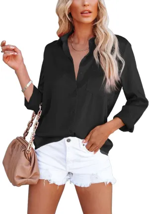 OMSJ Women's Button Down Shirts Satin V Neck Long Sleeve Casual Work Blouse Tops with Pocket
