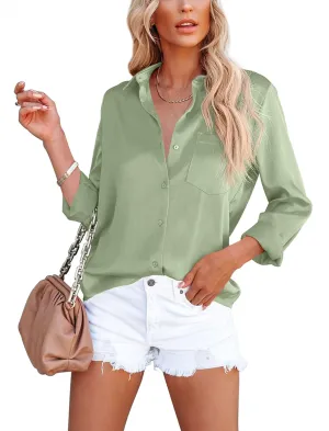 OMSJ Women's Button Down Shirts Satin V Neck Long Sleeve Casual Work Blouse Tops with Pocket