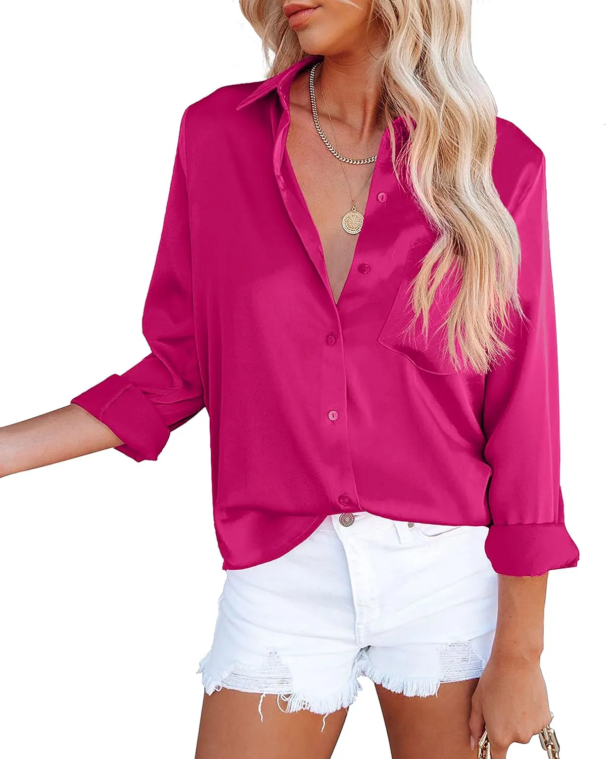 OMSJ Women's Button Down Shirts Satin V Neck Long Sleeve Casual Work Blouse Tops with Pocket