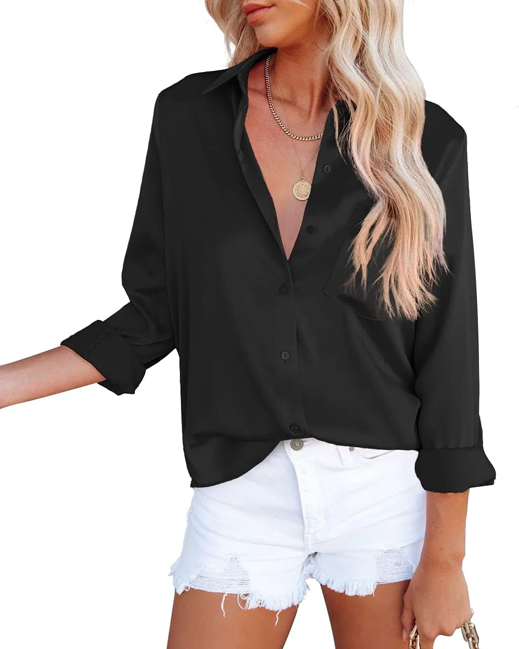 OMSJ Women's Button Down Shirts Satin V Neck Long Sleeve Casual Work Blouse Tops with Pocket