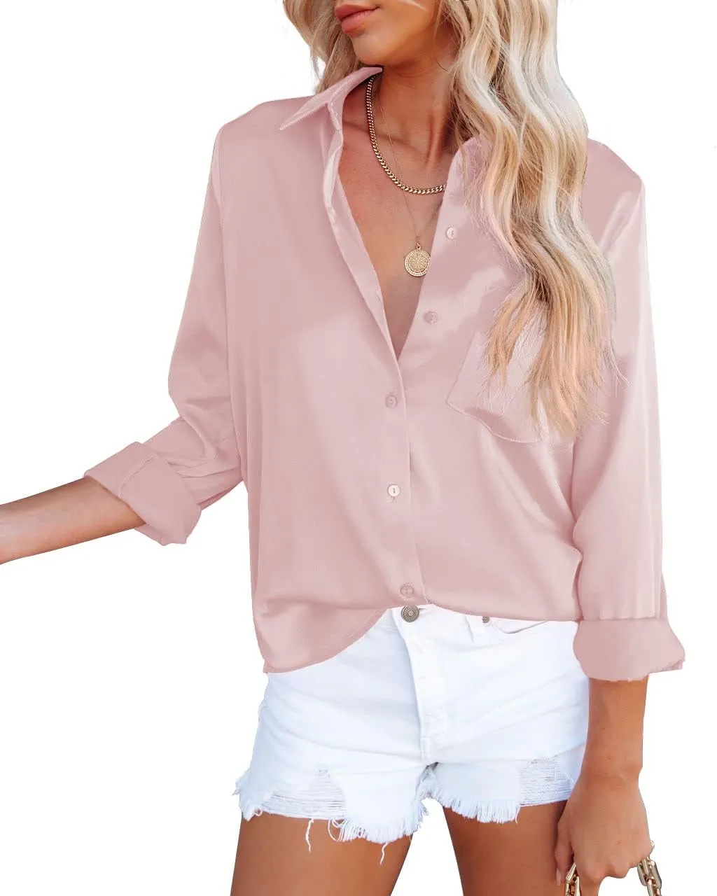 OMSJ Women's Button Down Shirts Satin V Neck Long Sleeve Casual Work Blouse Tops with Pocket
